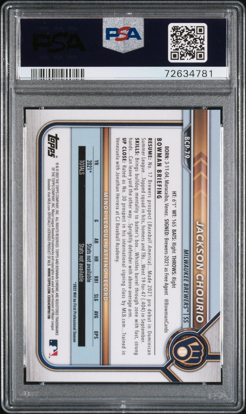 2022 Bowman Chrome Prospects Bcp79 Jackson Chourio Lava Refractor PSA 9