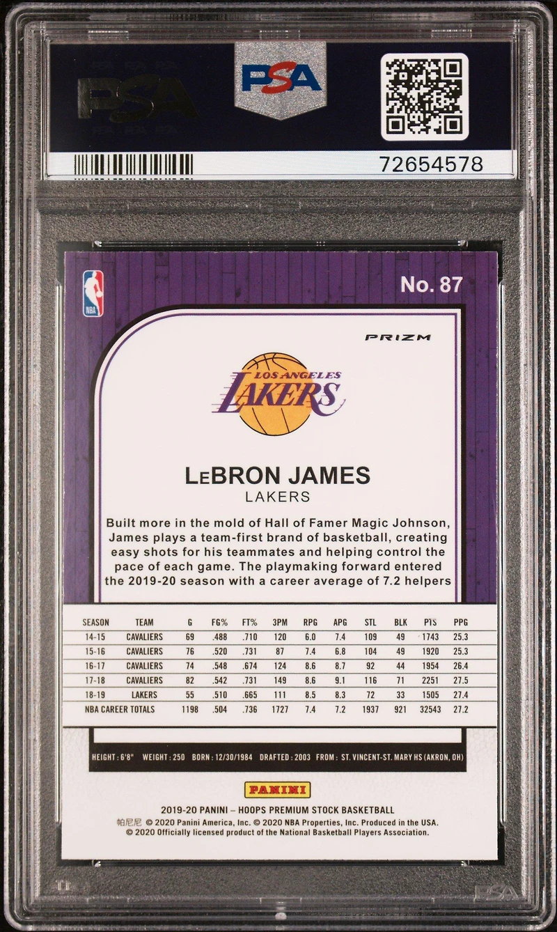 2019 Panini Hoops Premium Stock 87 Lebron James Purple Disco PSA 9