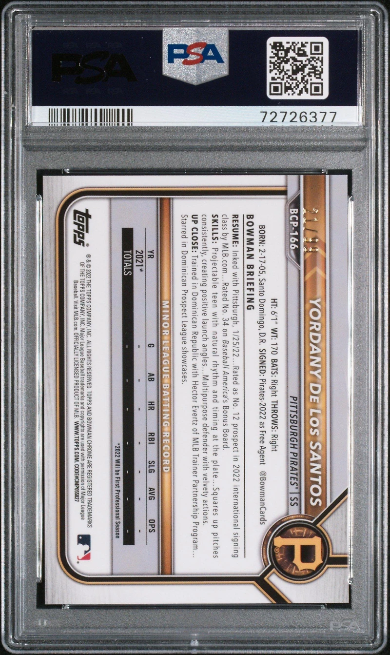 2022 Bowman Chrome Prospects Bcp166 Yordany De Los Santos Green Shimmer Refractor PSA 8