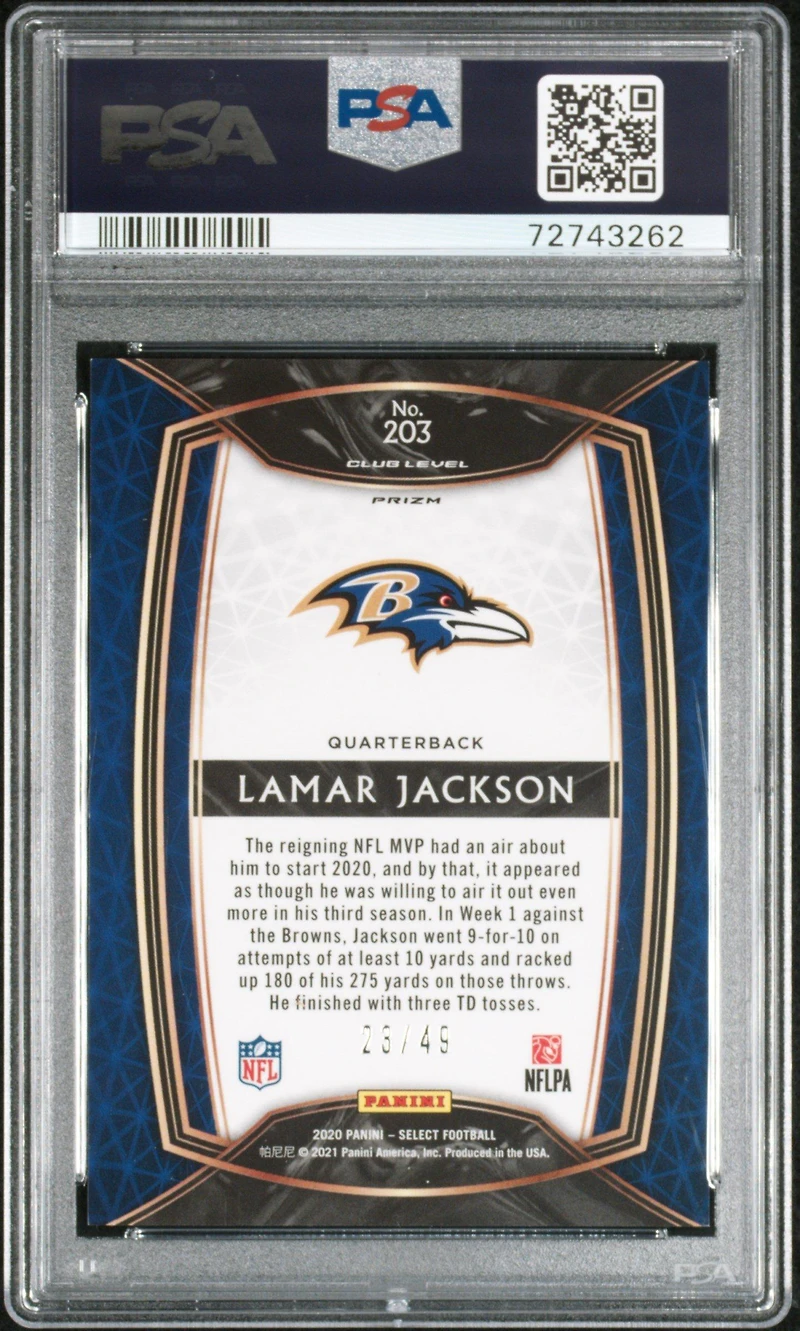 2020 Panini Select 203 Lamar Jackson Red Prizm PSA 10