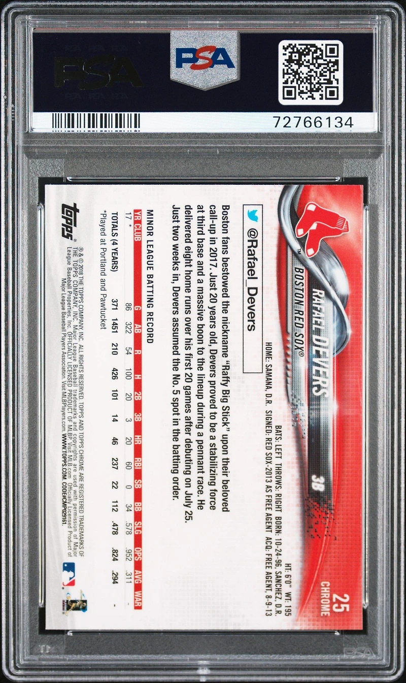 2018 Topps Chrome 25 Rafael Devers Batting PSA 10