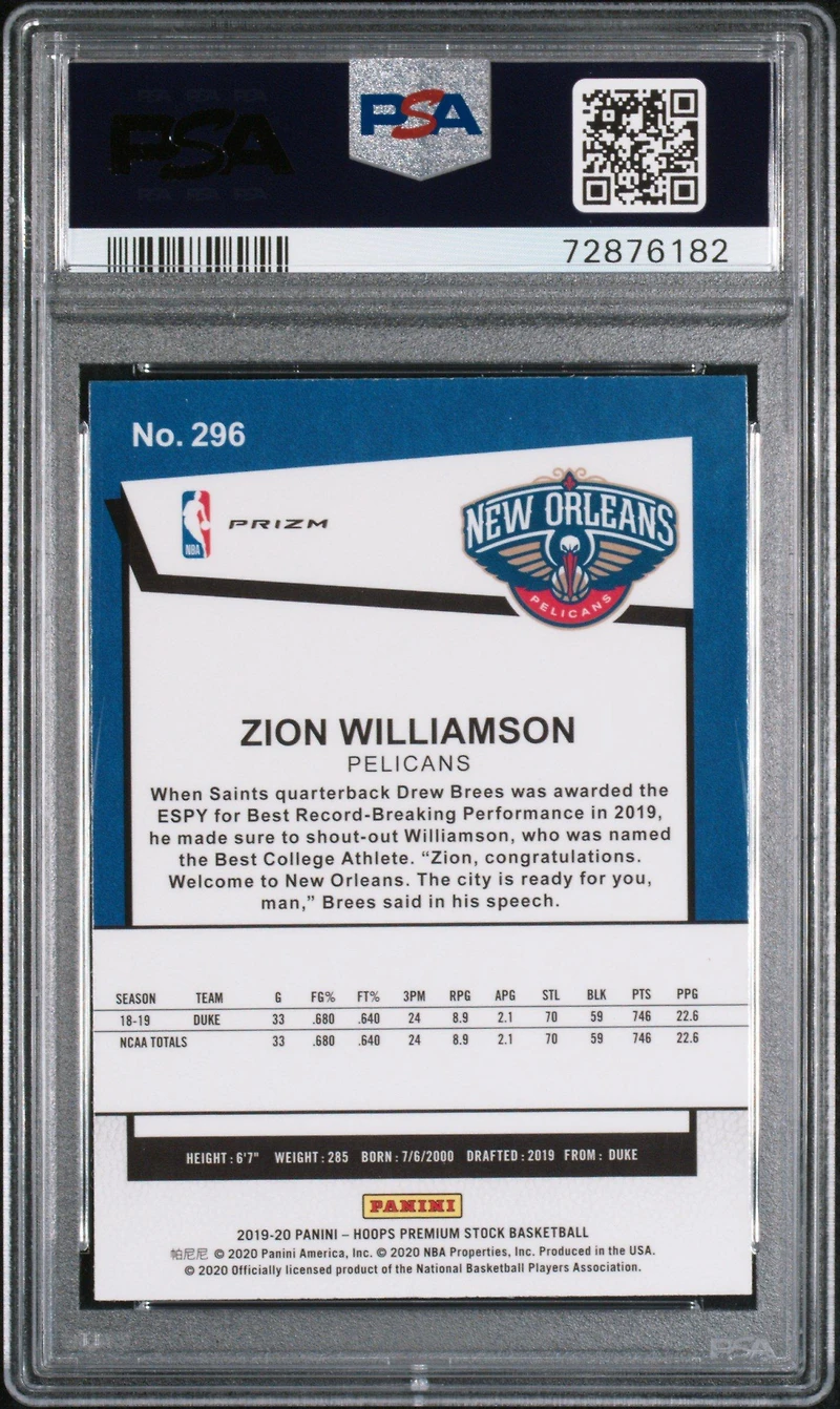 2019 Panini Hoops Premium Stock 296 Zion Williamson Silver Mojo PSA 9