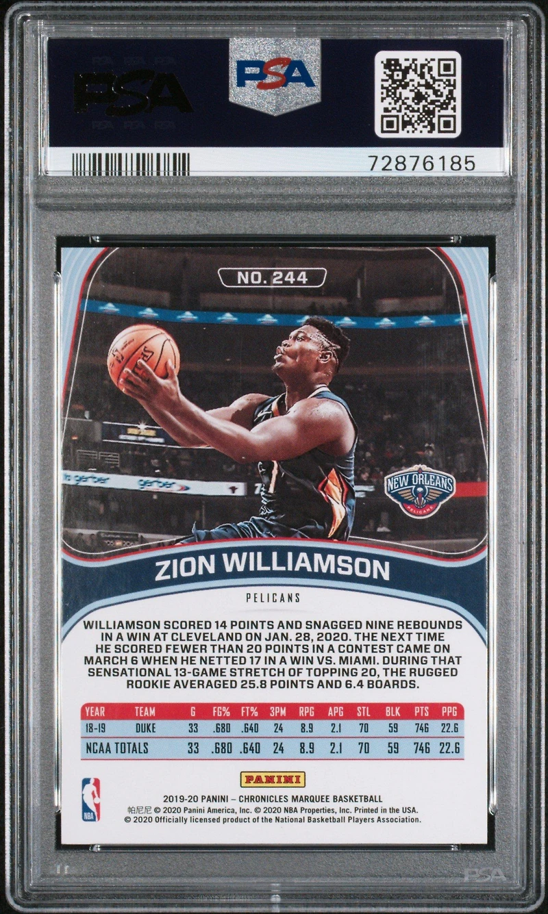 2019 Panini Chronicles 244 Zion Williamson Bronze PSA 10