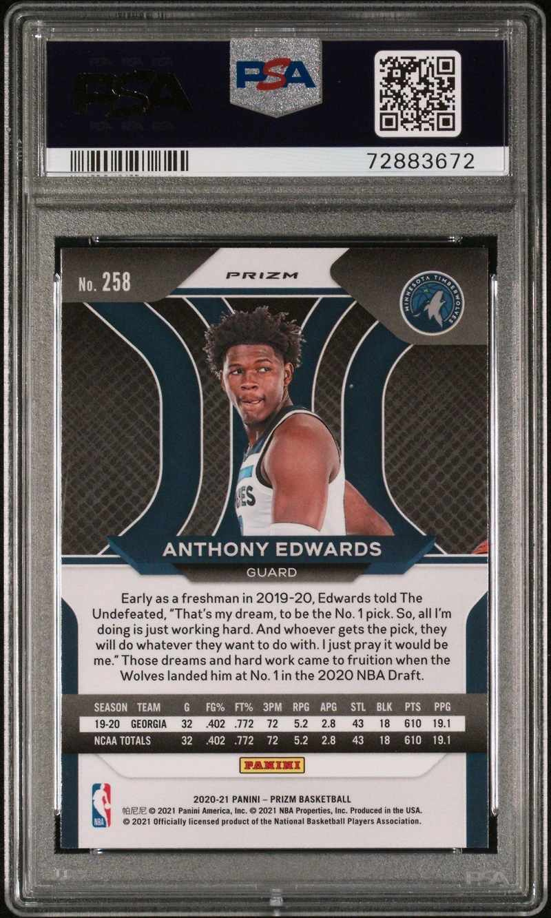 2020 Panini Prizm 258 Anthony Edwards Green Prizm PSA 10