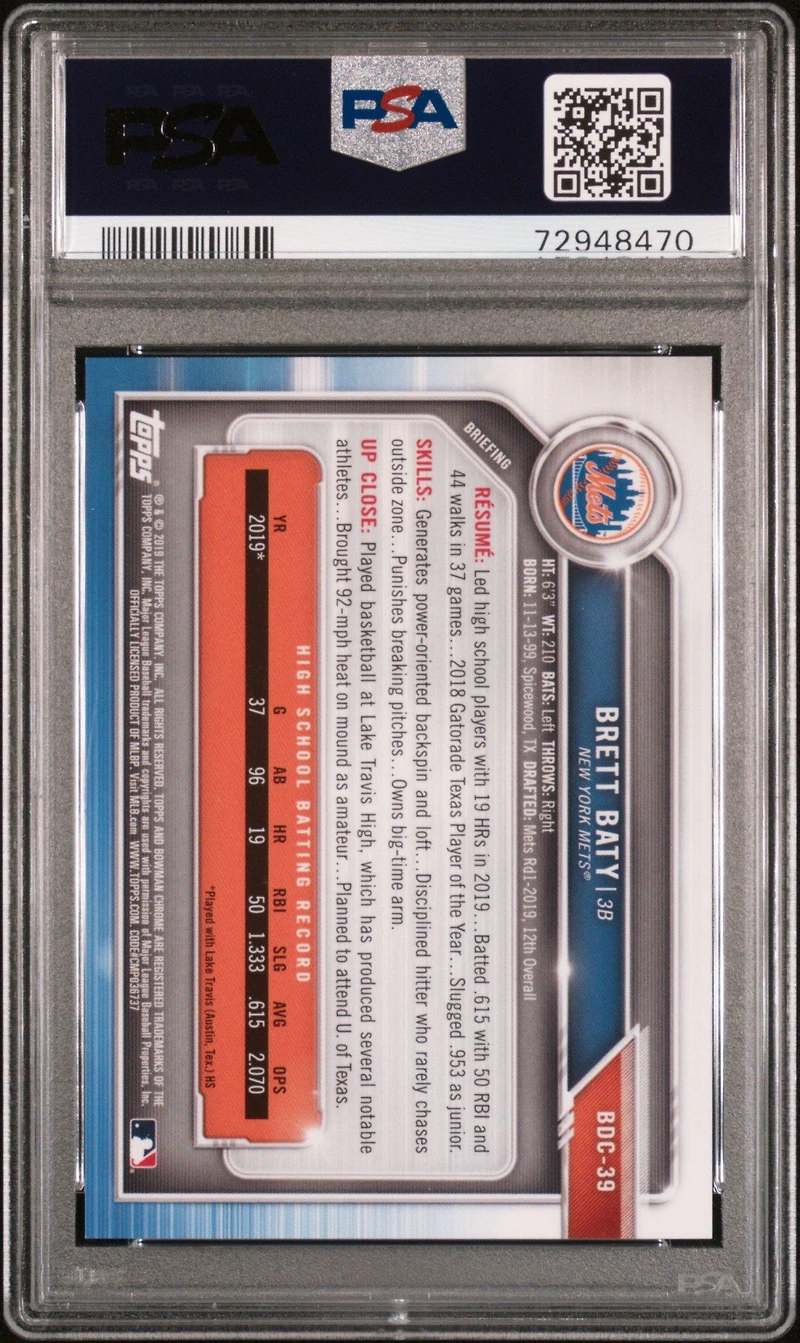 2019 Bowman Draft Bdc39 Brett Baty Chrome-blue Refractor PSA 10