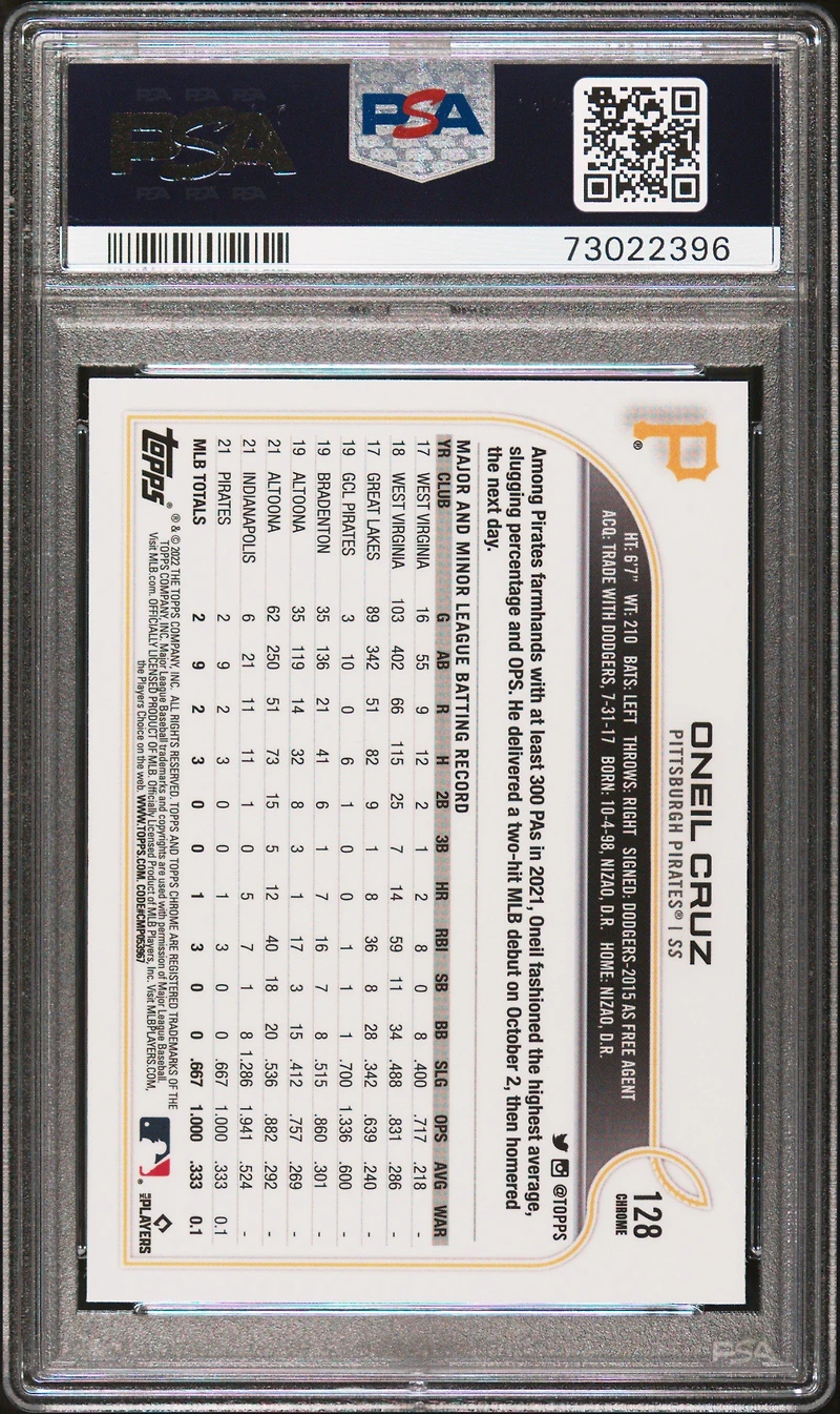 2022 Topps Chrome 128 Oneil Cruz PSA 10