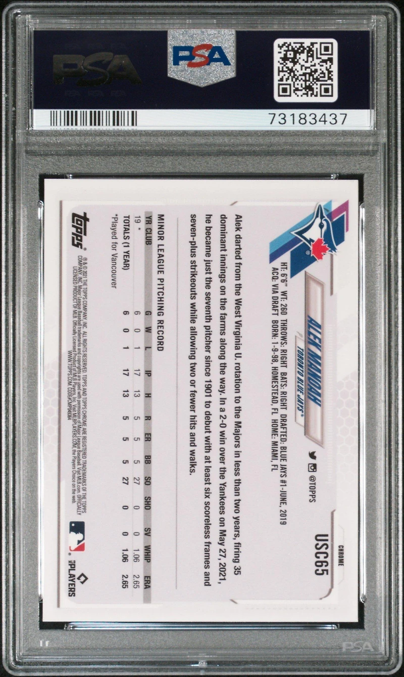 2021 Topps Chrome Update Usc65 Alek Manoah Purple Refractor PSA 10