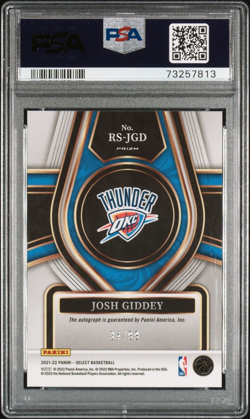 2021 Panini Select Rookie Signatures Rsjgd Josh Giddey Neon Green Prizm PSA 10