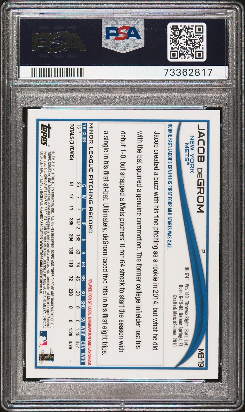 2014 Topps Chrome Update Mb-19 Jacob Degrom PSA 10