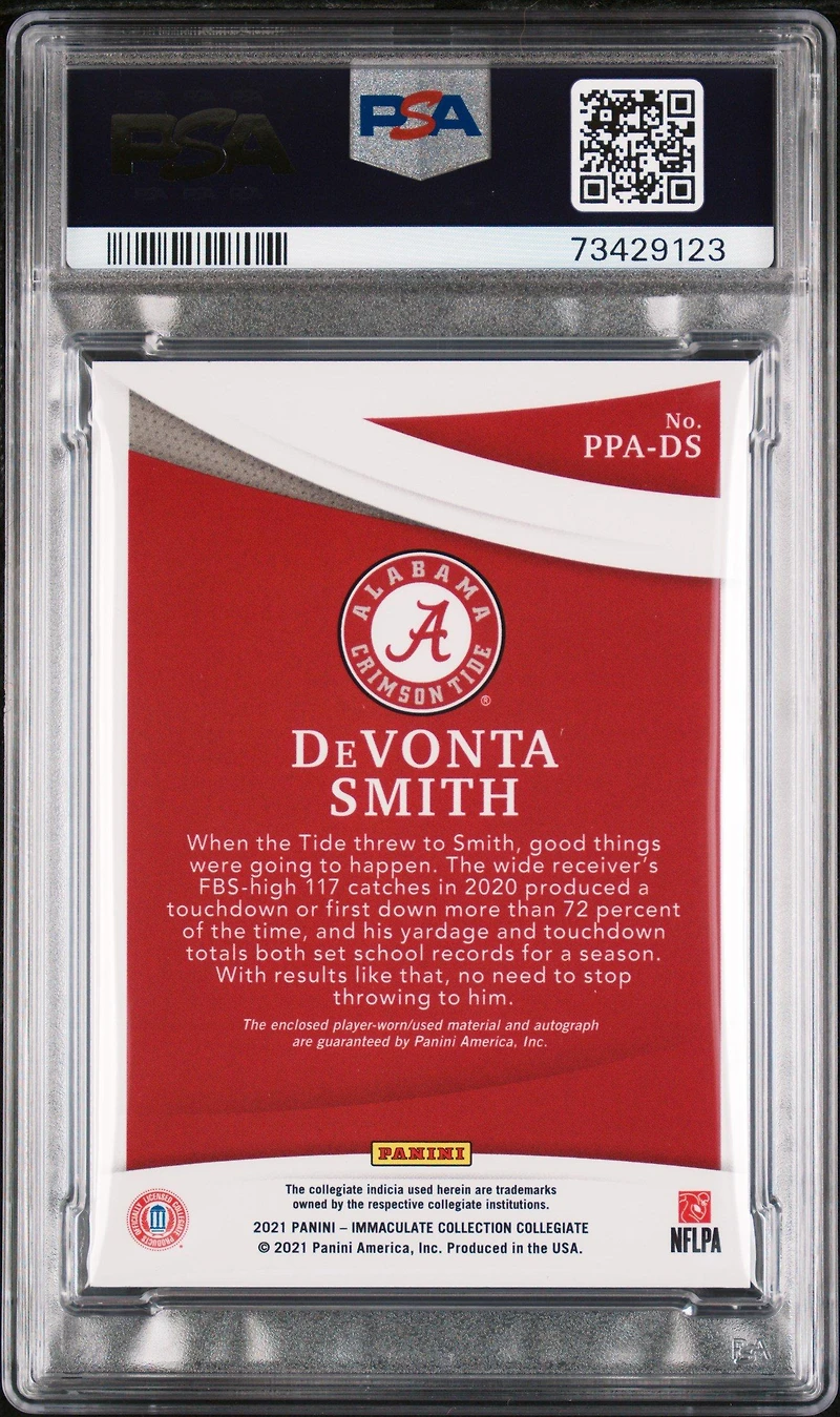 2021 Panini Immaculate Collection Collegiate Premium Patches Rookie Autographs Ppads Devonta Smith PSA 9
