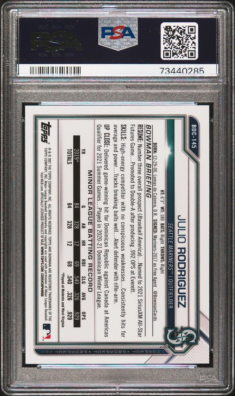 2021 Bowman Draft Bdc145 Julio Rodriguez Chrome-black & White Raywave Refractor PSA 10