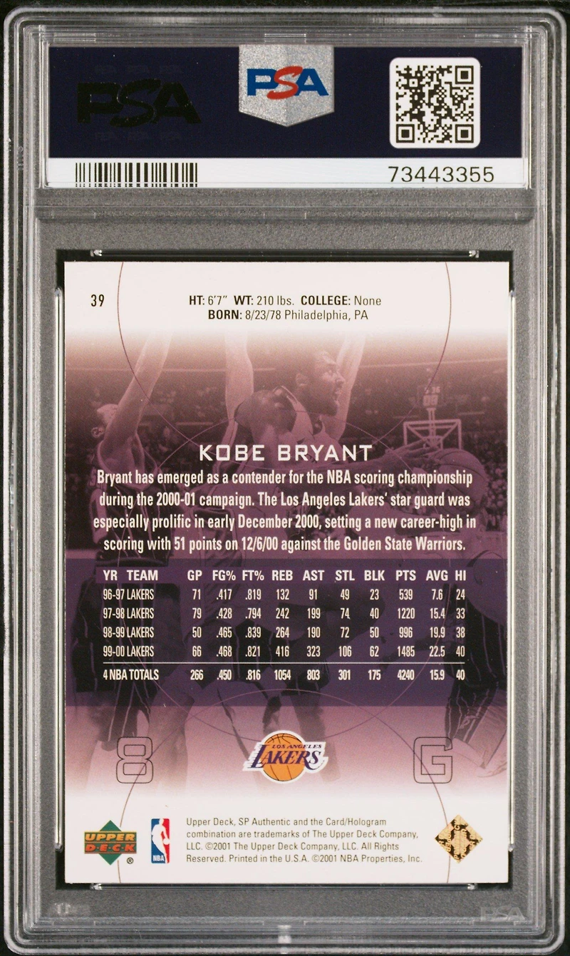 2000 Sp Authentic 39 Kobe Bryant PSA 10