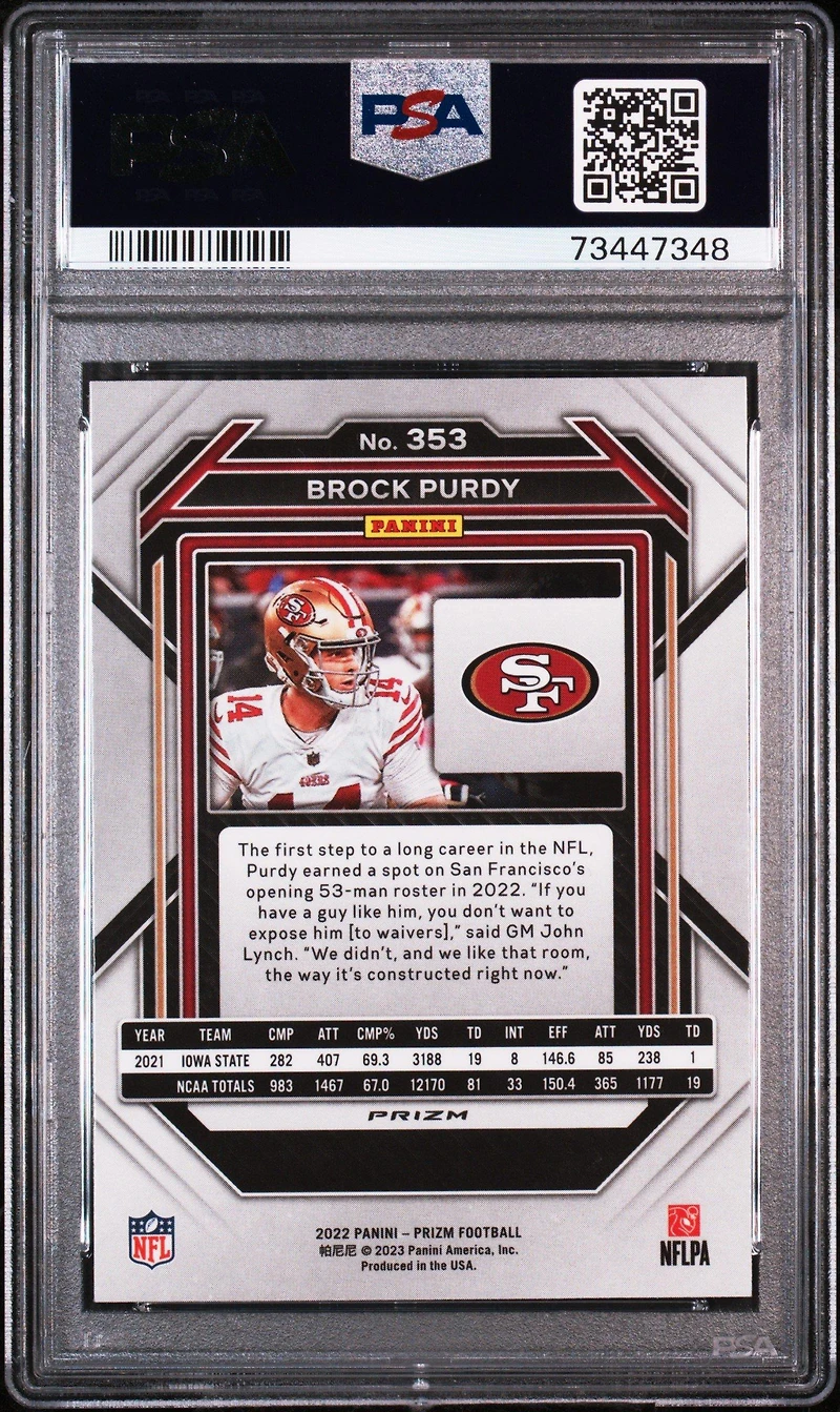 2022 Panini Prizm 353 Brock Purdy Silver Prizm PSA