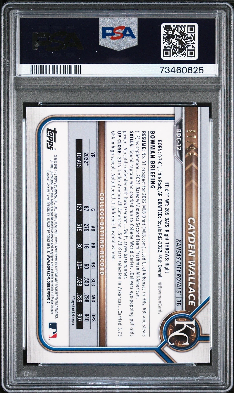 2022 Bowman Draft Bdc12 Cayden Wallace Chrome-green Refractor PSA 10