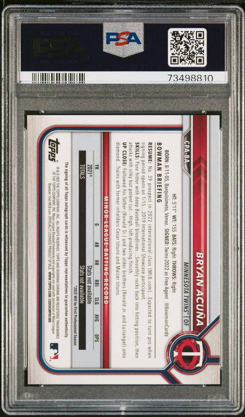 2022 Bowman Chrome Prospect Autographs Cpaba Bryan Acuna PSA 10