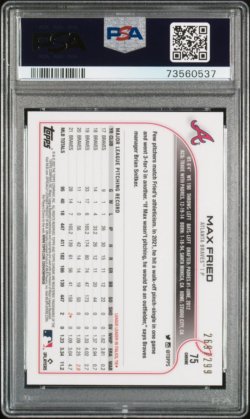 2022 Topps Chrome Sonic 75 Max Fried Purple/yellow Sonic Refractor PSA 10