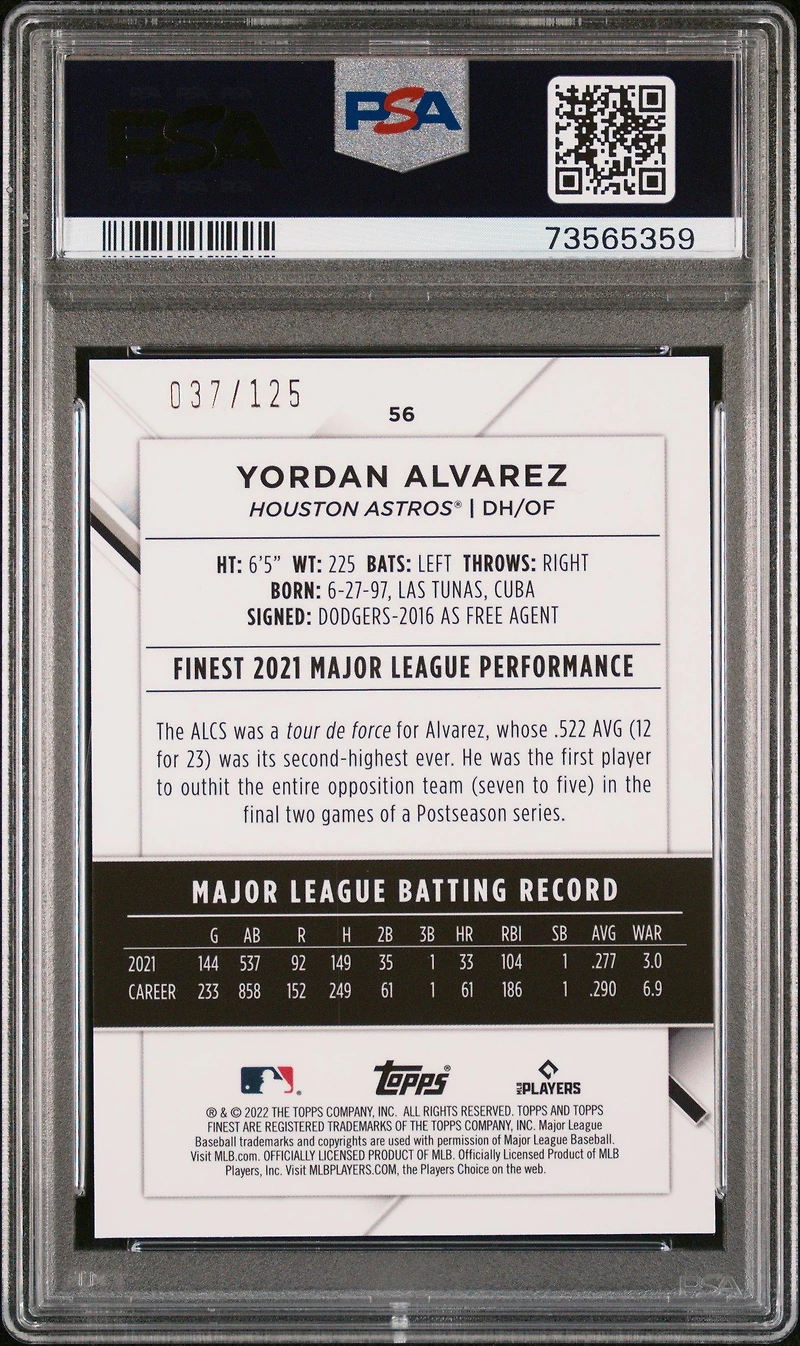 2022 Topps Finest 56 Yordan Alvarez Green Speckle Refractor PSA 10