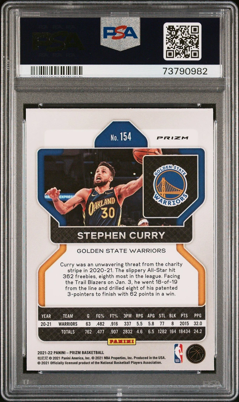 2021 Panini Prizm 154 Stephen Curry Nba 75th Prizm PSA 10