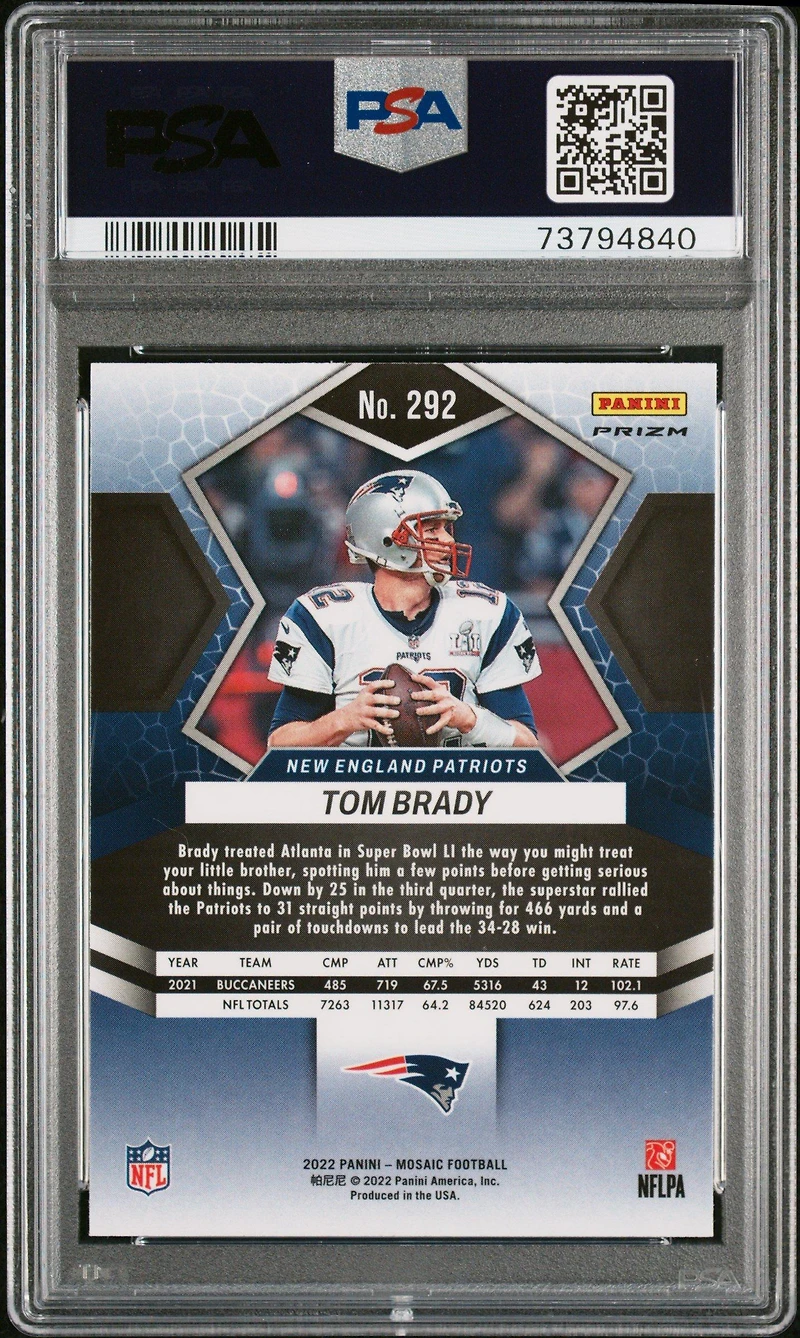 2022 Panini Mosaic 292 Tom Brady Reactive Orange PSA 10