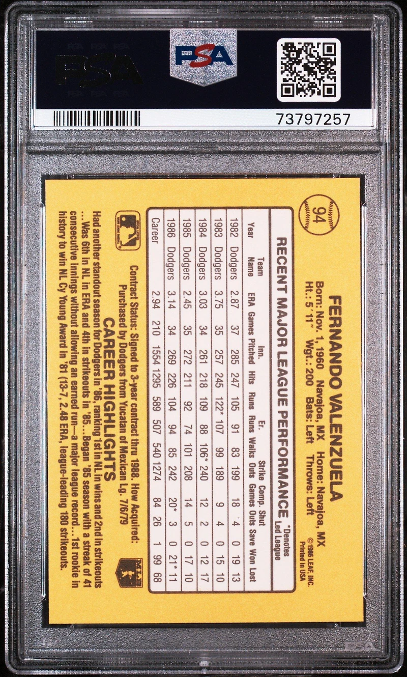 1987 Donruss 94 Fernando Valenzuela PSA 8