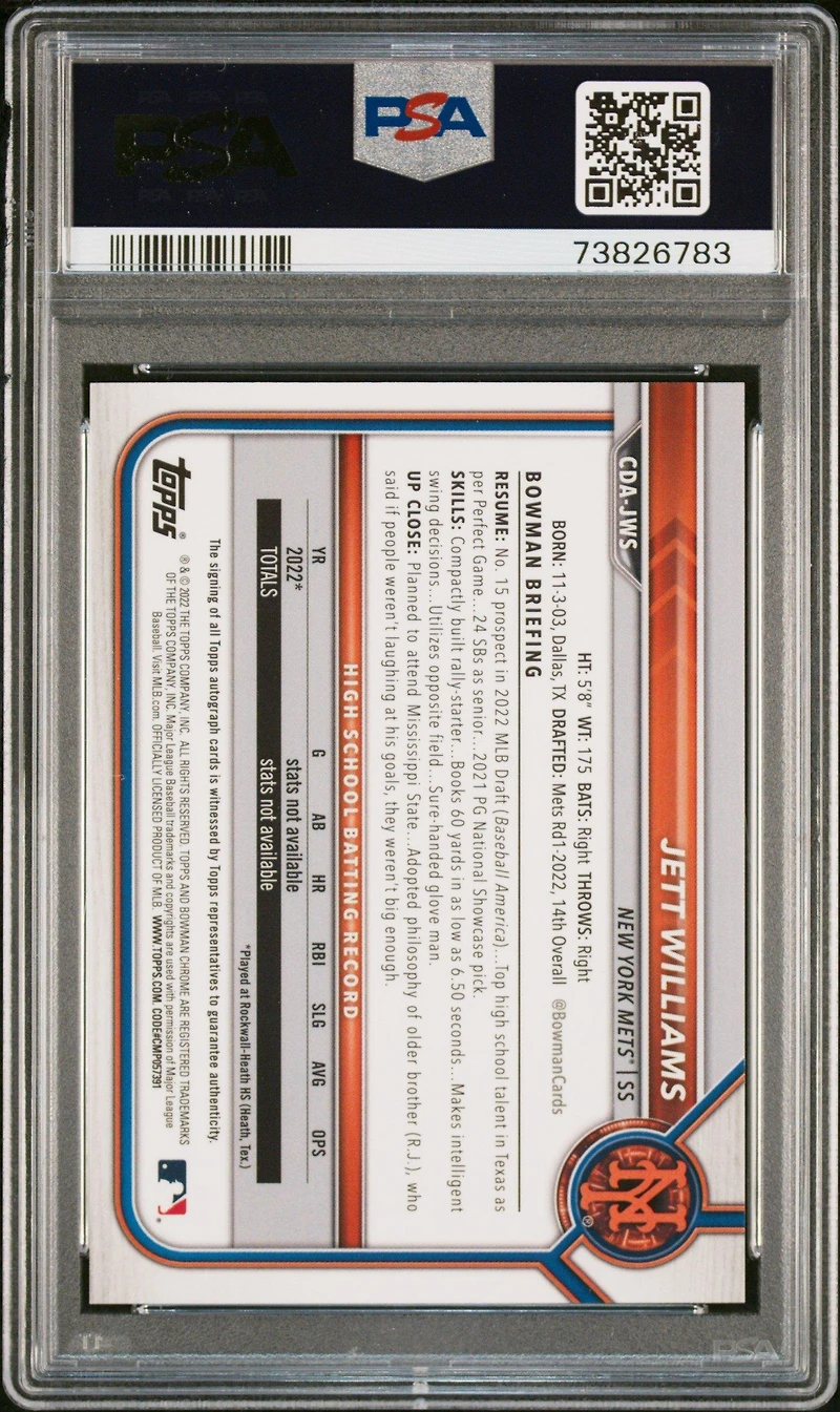 2022 Bowman Draft Chrome Draft Pick Autographs Cdajws Jett Williams Blue Wave Refractor PSA 10
