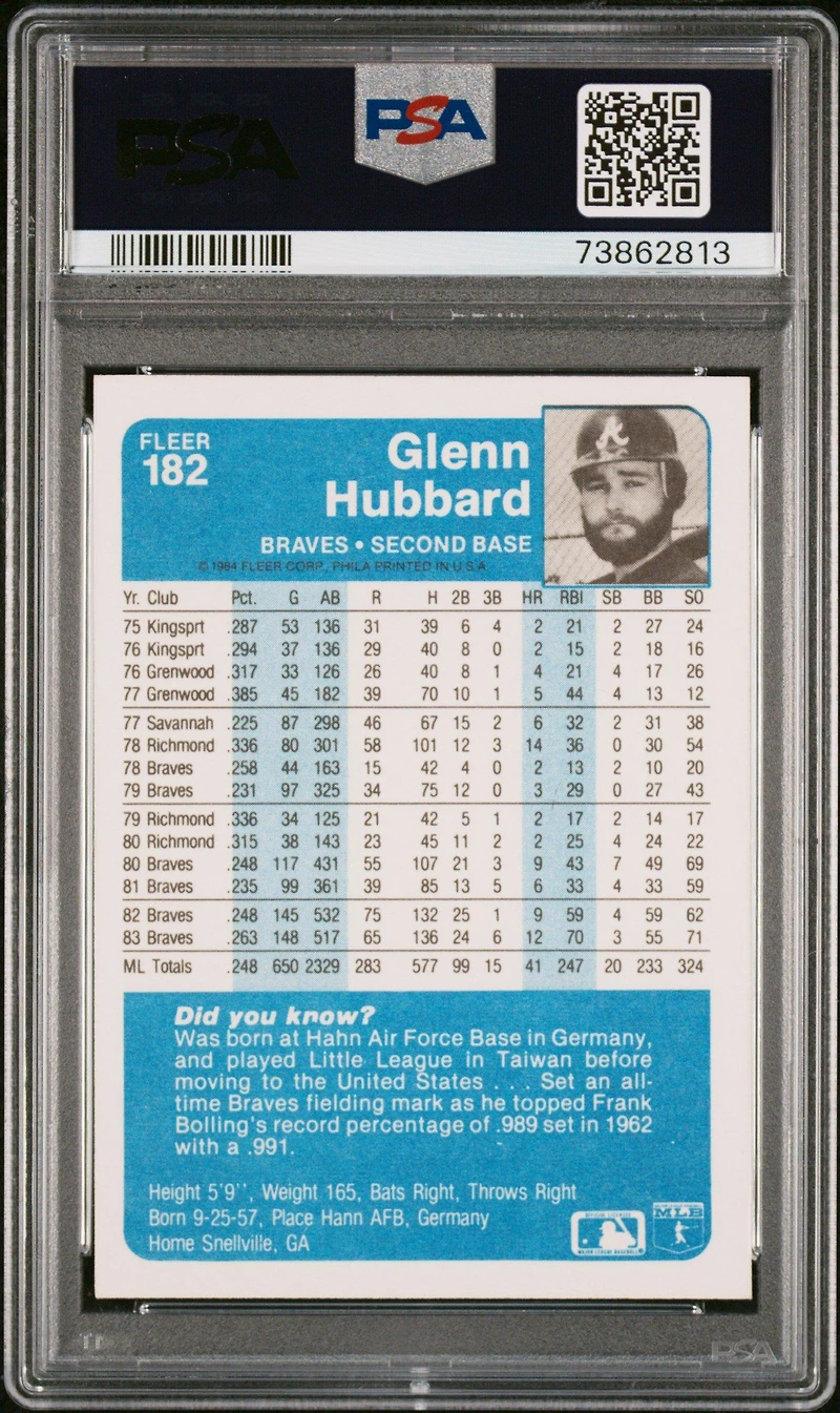 1984 Fleer 182 Glenn Hubbard PSA 9