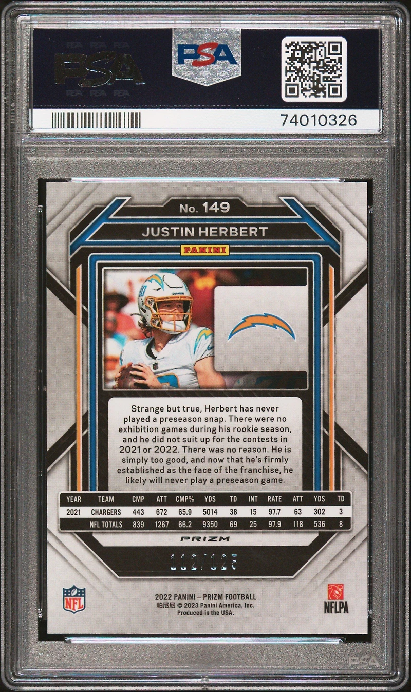 2022 Panini Prizm 149 Justin Herbert Purple Prizm PSA 9