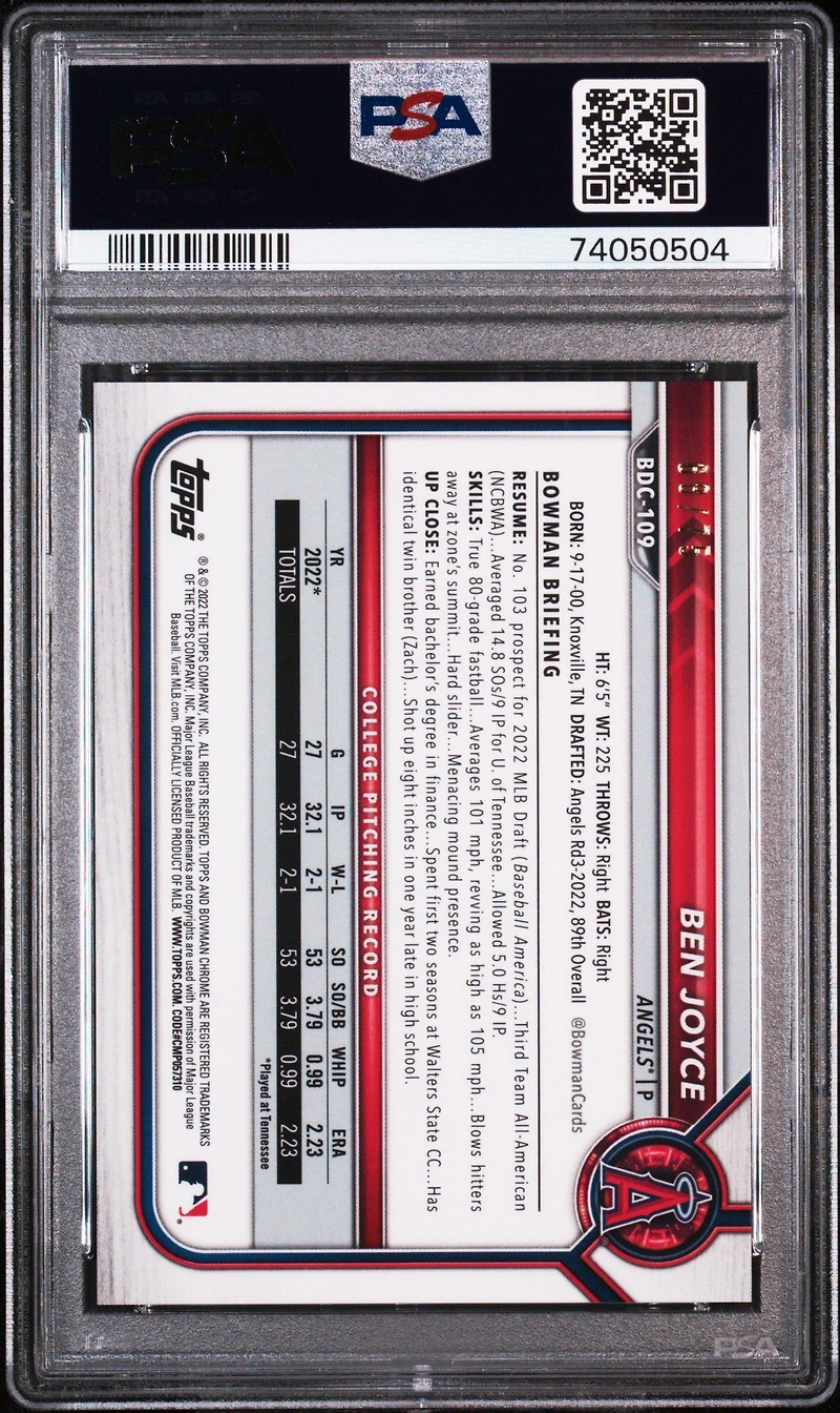 2022 Bowman Draft Bdc109 Ben Joyce Chrome-yellow Lava Refractor PSA 10