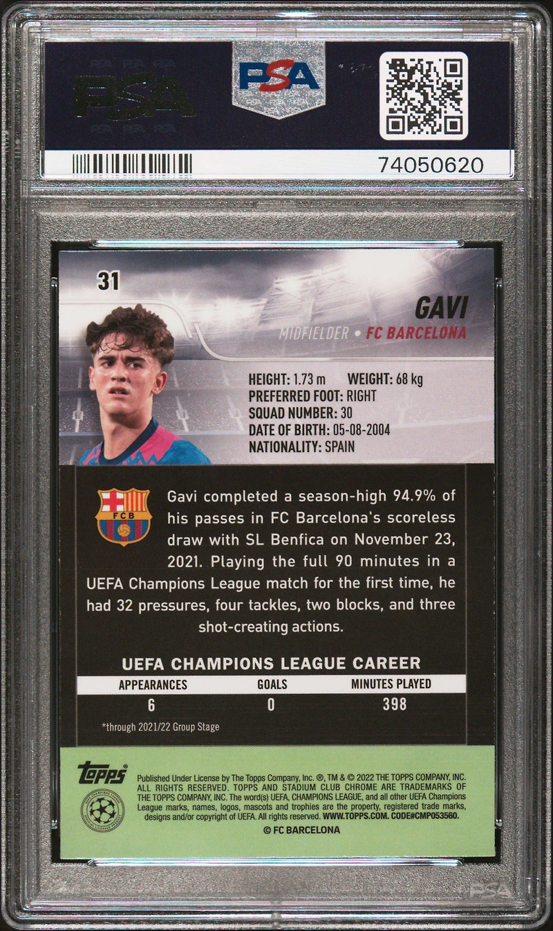 2021-22 Topps Stadium Club Chrome Uefa Champions League 31 Gavi PSA 10