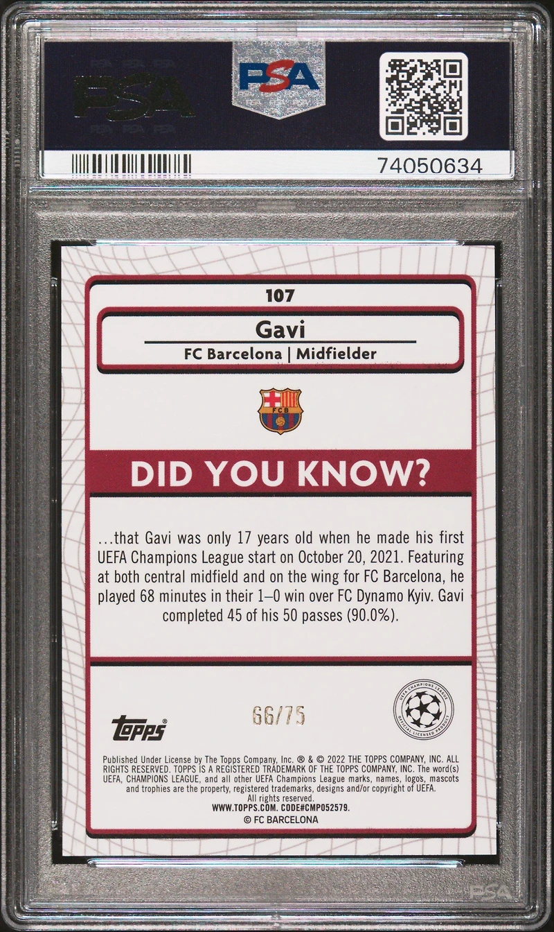 2021-2022 Topps Merlin Chrome Uefa League 107 Gavi Blue Refractor PSA 9