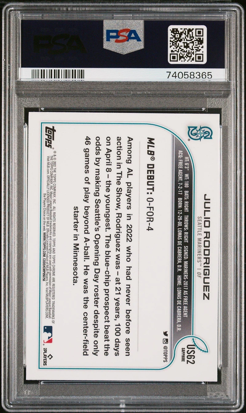 2022 Topps Chrome Update Sapphire Edition 62 Julio Rodriguez PSA 10