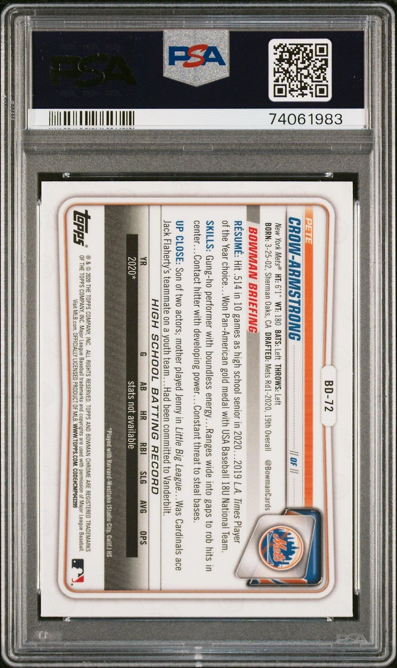 2020 Bowman Draft Chrome Sapphire Edition Bd72 Pete Crow-armstrong PSA 10