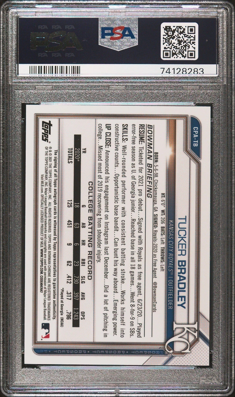 2021 Bowman Chrome Prospect Autographs Cpatb Tucker Bradley Atomic Refractor PSA 10