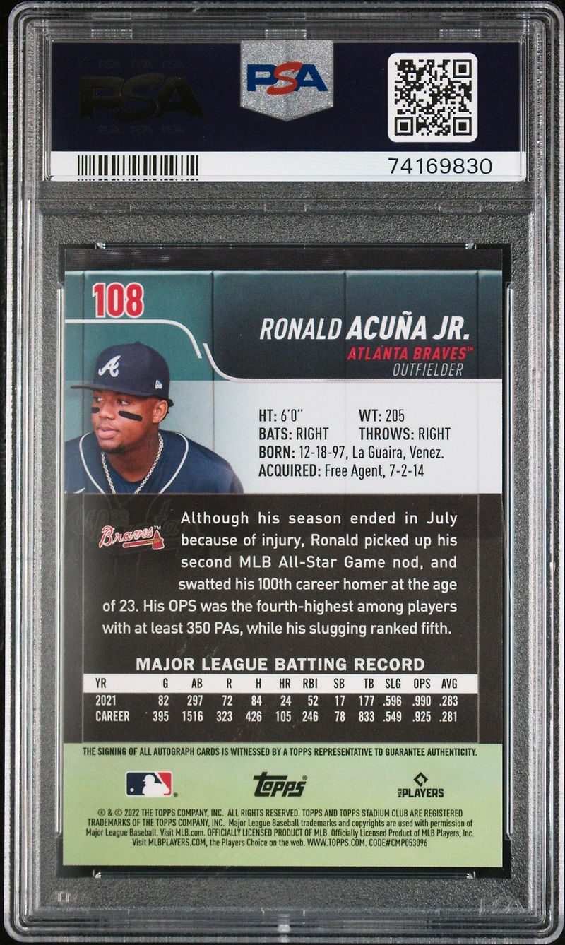 2022 Topps Stadium Club 108 Ronald Acuna Jr. PSA 9