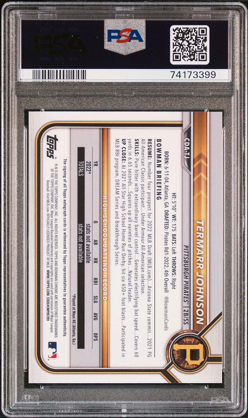 2022 Bowman Draft Chrome Draft Pick Autographs Cdatj Termarr Johnson Sparkle Refractor PSA 9