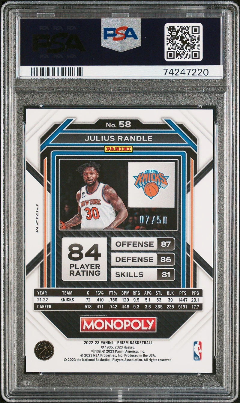 2022 Panini Prizm Monopoly 58 Julius Randle Purple Money Shimmer PSA 10