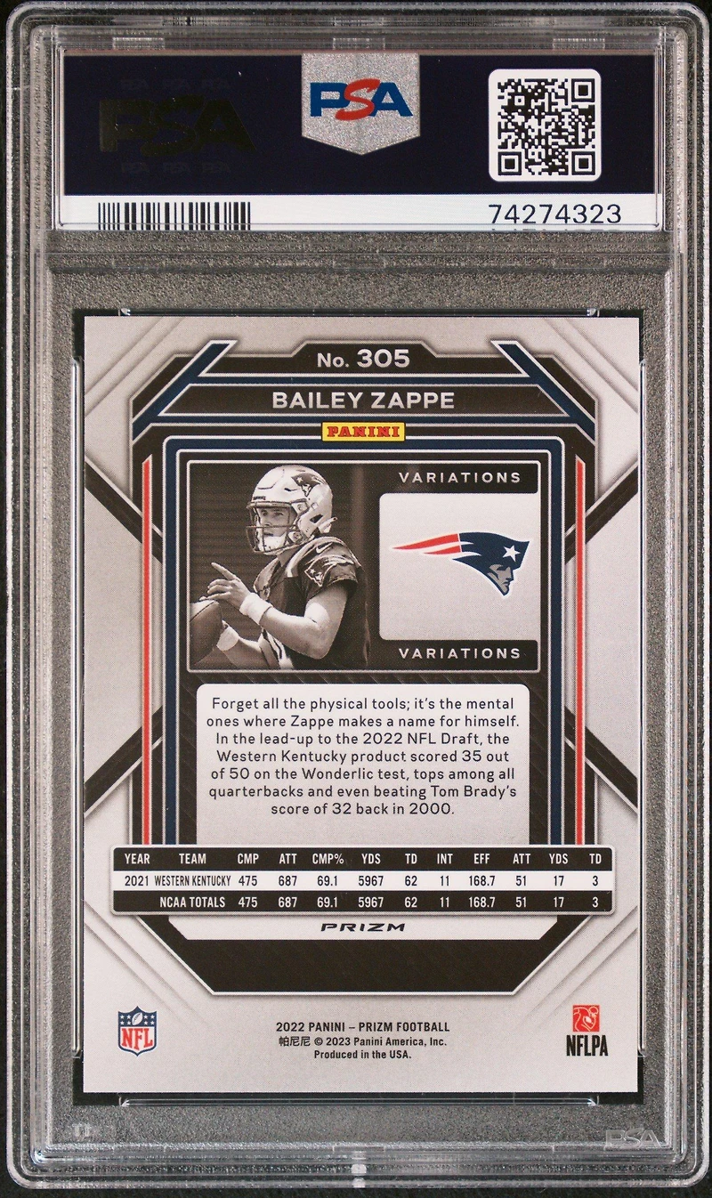 2022 Panini Prizm 305 Bailey Zappe Variation PSA 10