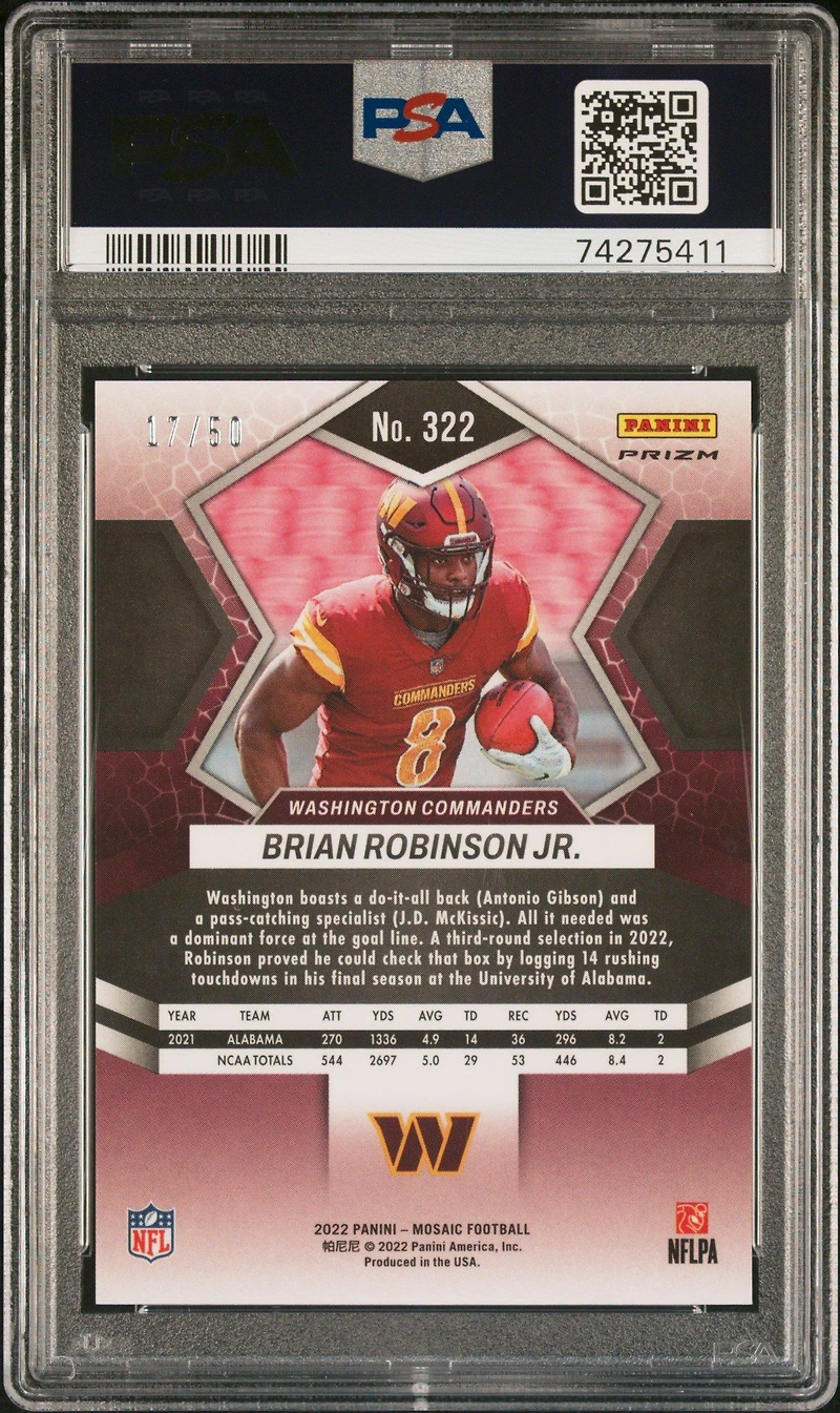 2022 Panini Mosaic 322 Brian Robinson Jr. No Huddle Purple PSA 10