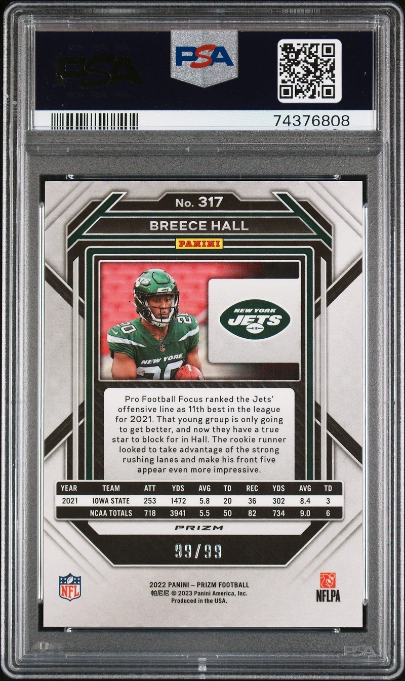 2022 Panini Prizm 317 Breece Hall Blue Ice PSA 9
