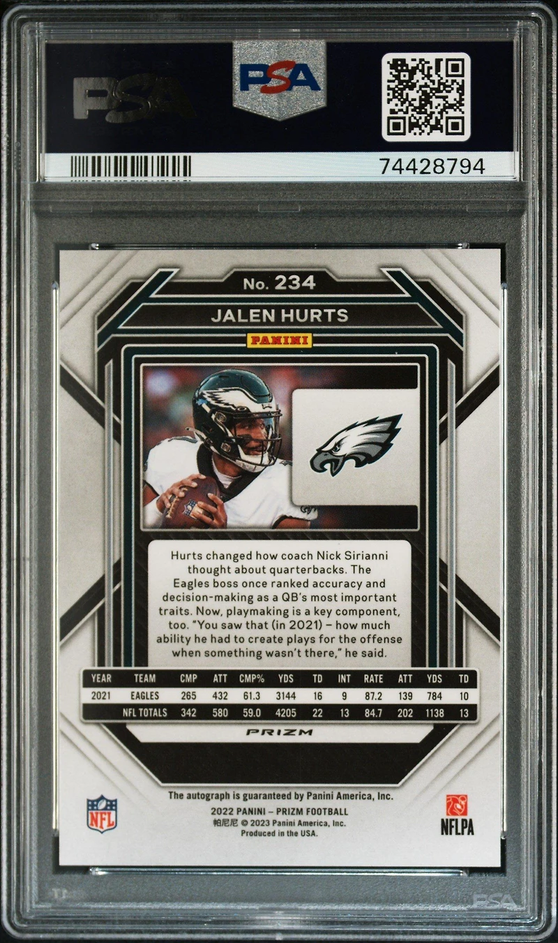 2022 Panini Prizm 234 Jalen Hurts Autograph PSA 9