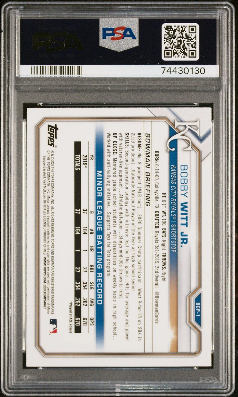 2021 Bowman Mega Box Chrome Bcp1 Bobby Witt Jr. PSA 10