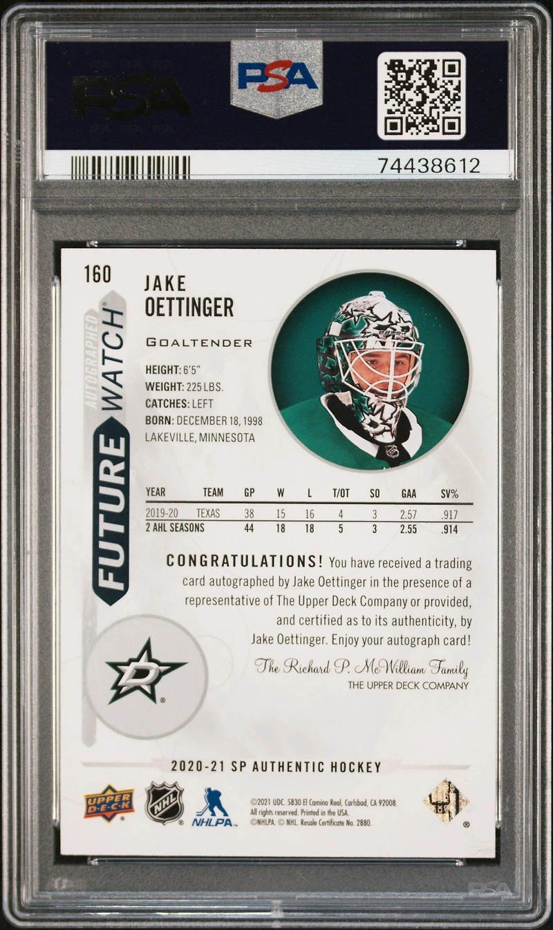 2020 Sp Authentic 160 Jake Oettinger Autograph PSA 10