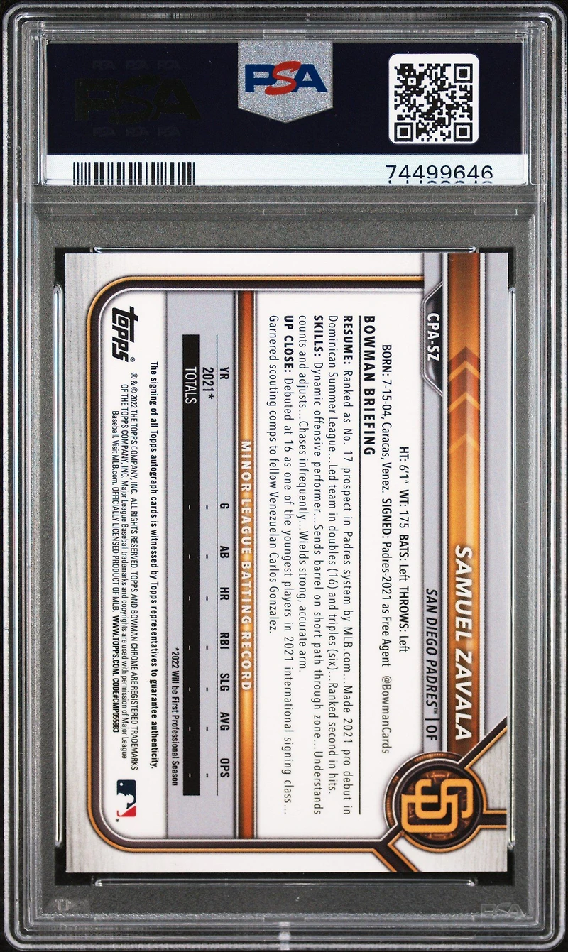 2022 Bowman Chrome Prospect Autographs Cpasz Samuel Zavala Yellow Refractor PSA 10