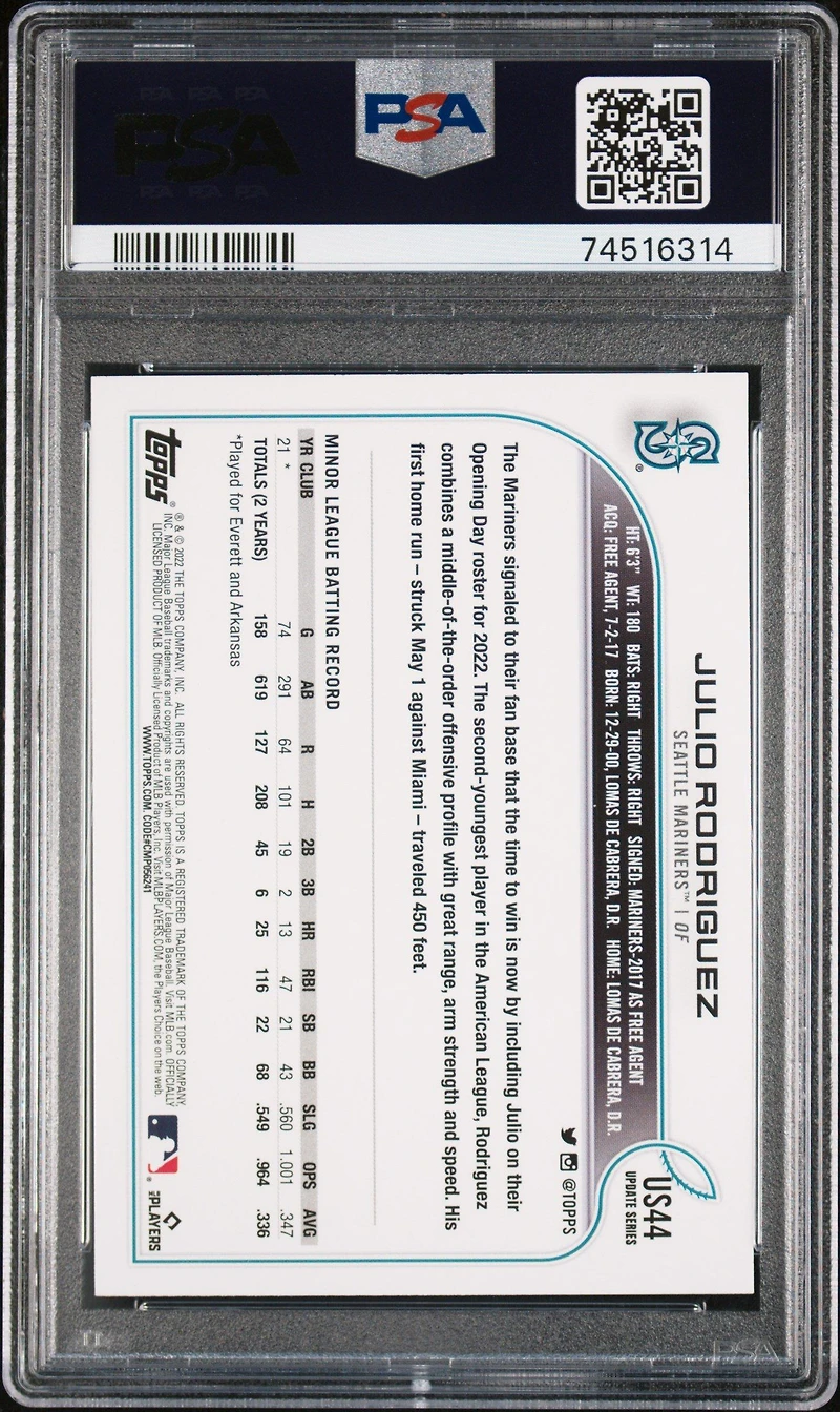 2022 Topps Update Us44 Julio Rodriguez Rainbow Foil PSA 10