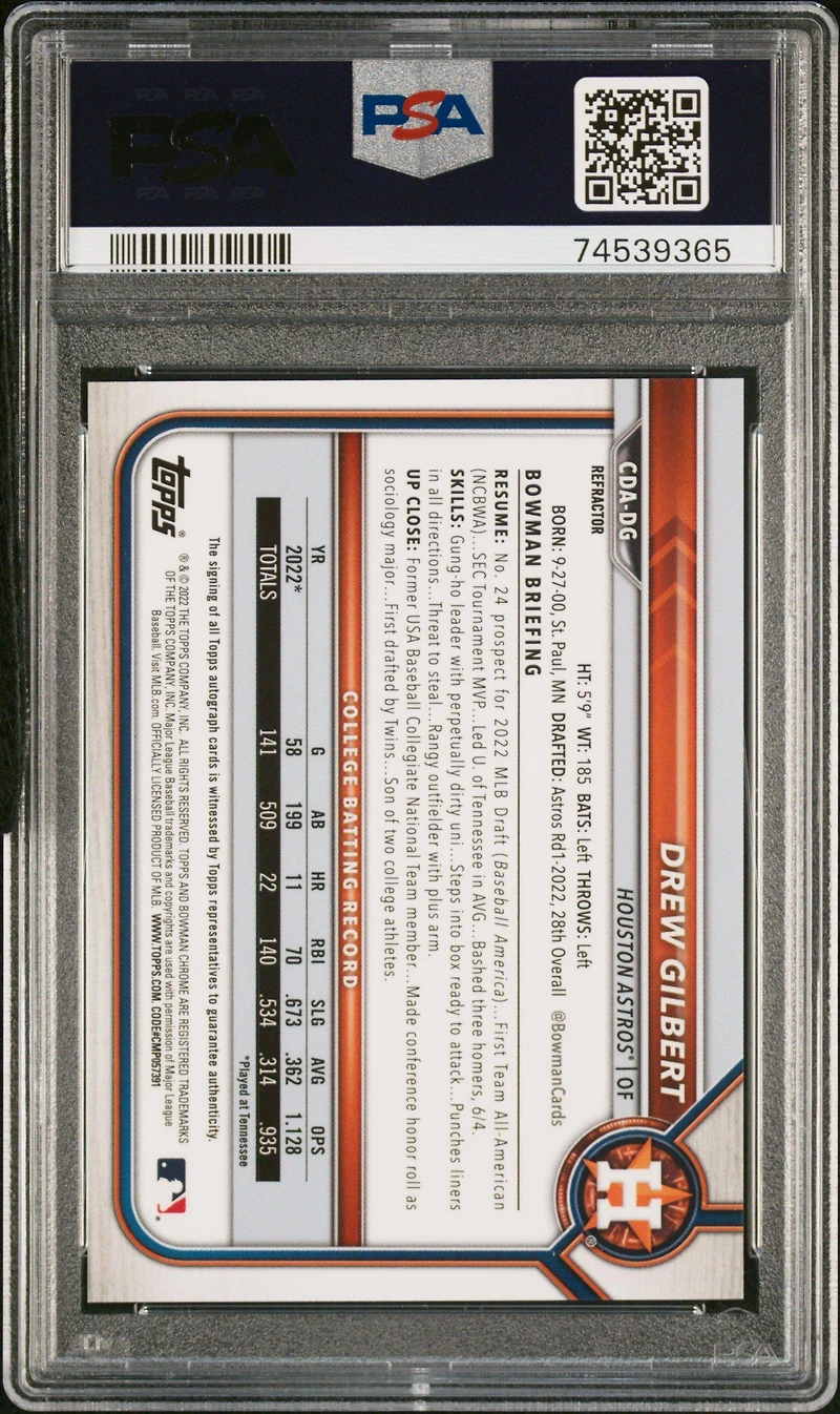 2022 Bowman Draft Chrome Draft Pick Autographs Cdadg Drew Gilbert Refractor PSA