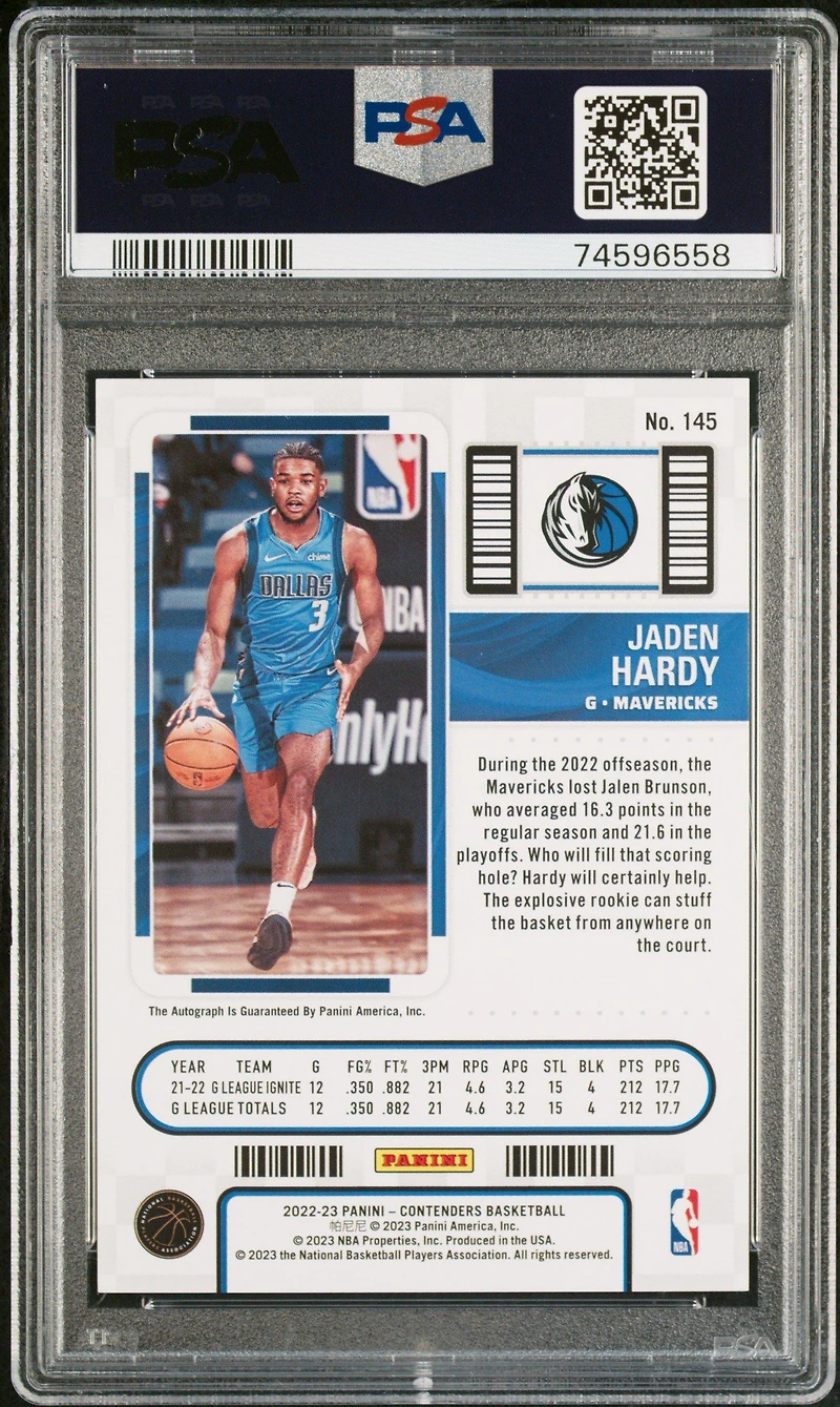 2022 Panini Contenders 145 Jaden Hardy Autograph-the Finals PSA 10