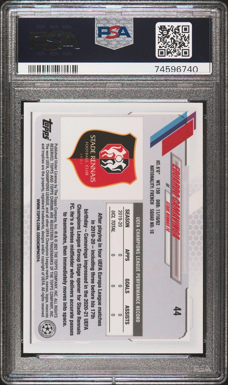 2020 Topps Chrome Uefa Champions League Sapphire Edition 44 Eduardo Camavinga PSA 10