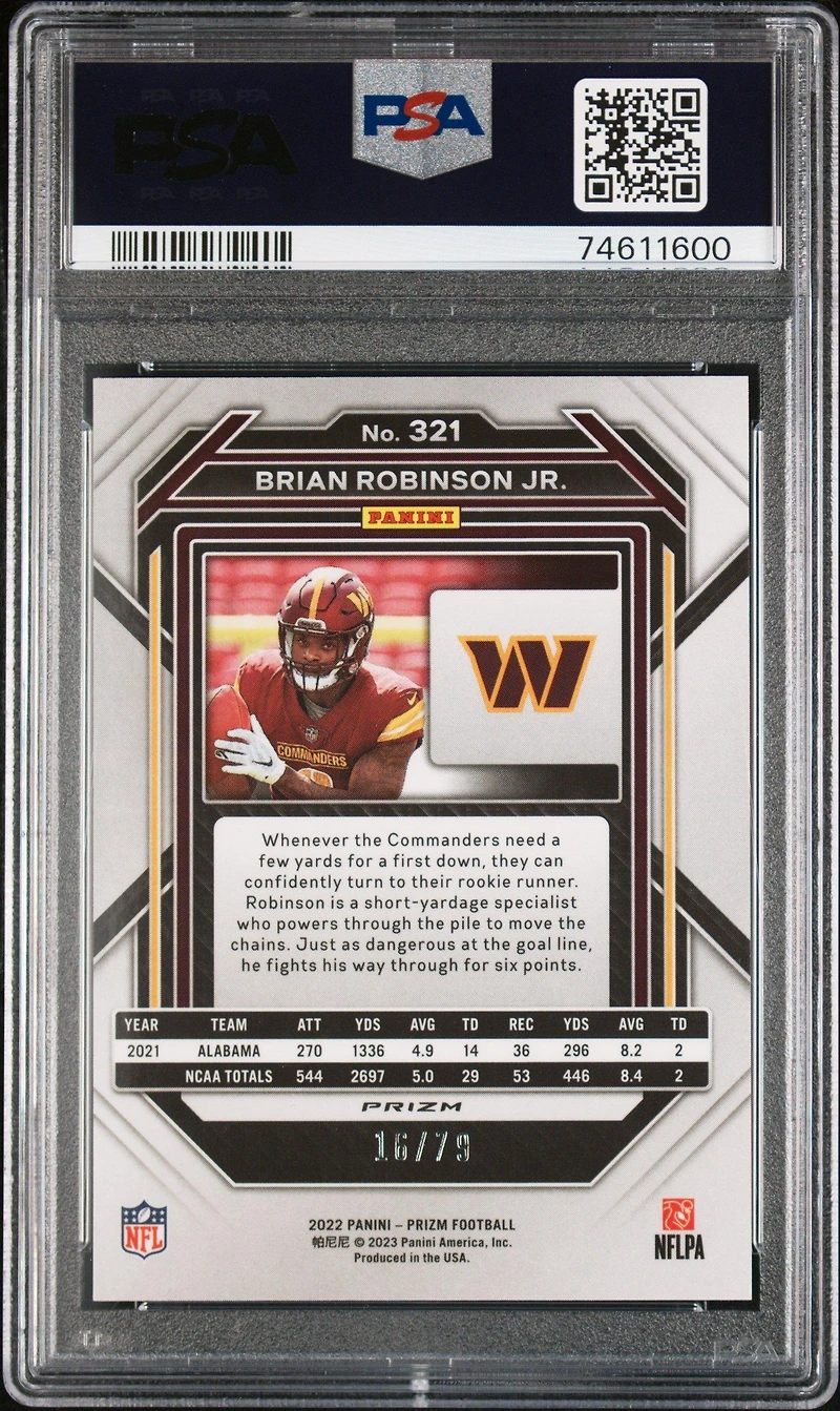 2022 Panini Prizm 321 Brian Robinson Jr No Huddle Blue PSA 10
