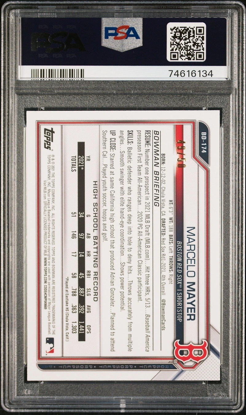 2021 Bowman Draft Bd174 Marcelo Mayer Gold PSA 8