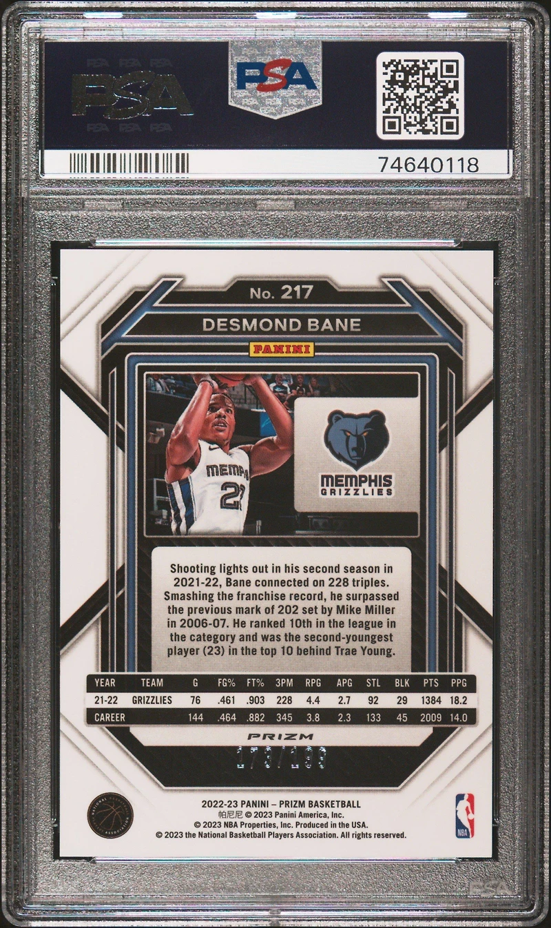 2022 Panini Prizm 217 Desmond Bane Blue Prizm PSA 10